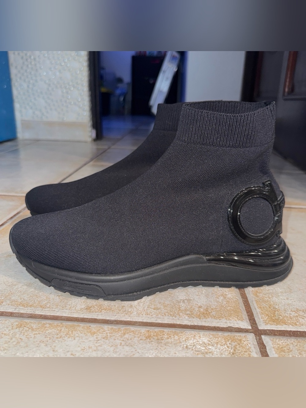 Salvatore Ferragamo Black Knit Sock Sneaker with Gloss Accent